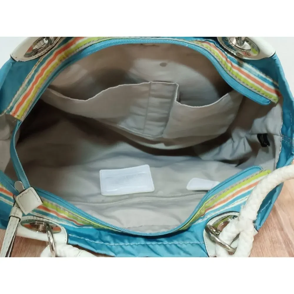 Coach Nautical Beach Multi Stripe East West Tote Bag Purse Seahorse Charm RARE